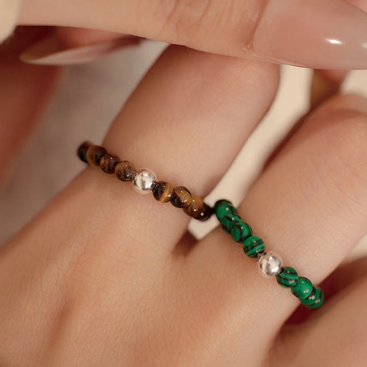 Buddha Stones 925 Sterling Silver Crystal Beads White Jade Black Onyx Blessing Elastic Ring - image 9