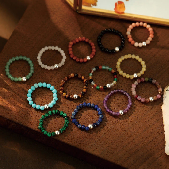 Buddha Stones 925 Sterling Silver Crystal Beads White Jade Black Onyx Blessing Elastic Ring - image 0