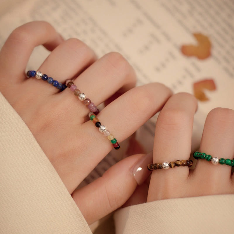 Buddha Stones 925 Sterling Silver Crystal Beads White Jade Black Onyx Blessing Elastic Ring - image 33