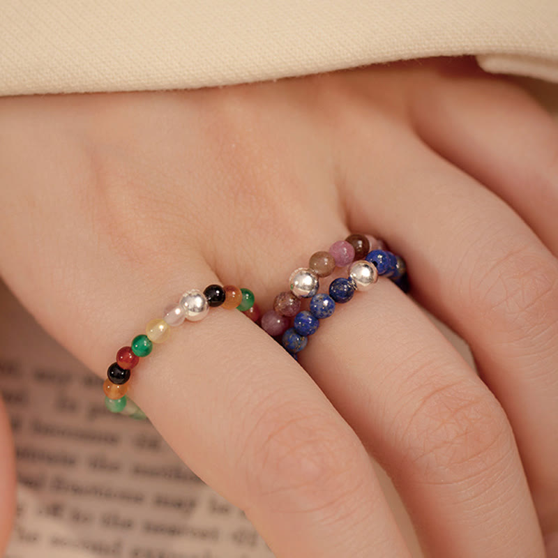 Buddha Stones 925 Sterling Silver Crystal Beads White Jade Black Onyx Blessing Elastic Ring - image 31