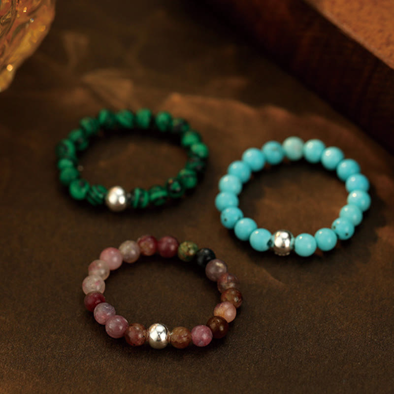 Buddha Stones 925 Sterling Silver Crystal Beads White Jade Black Onyx Blessing Elastic Ring - image 21