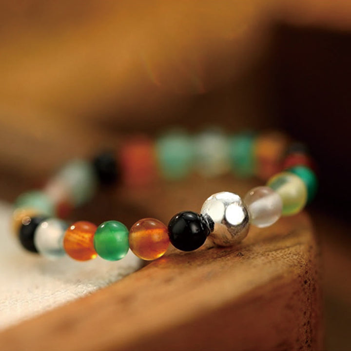 Buddha Stones 925 Sterling Silver Crystal Beads White Jade Black Onyx Blessing Elastic Ring - image 30