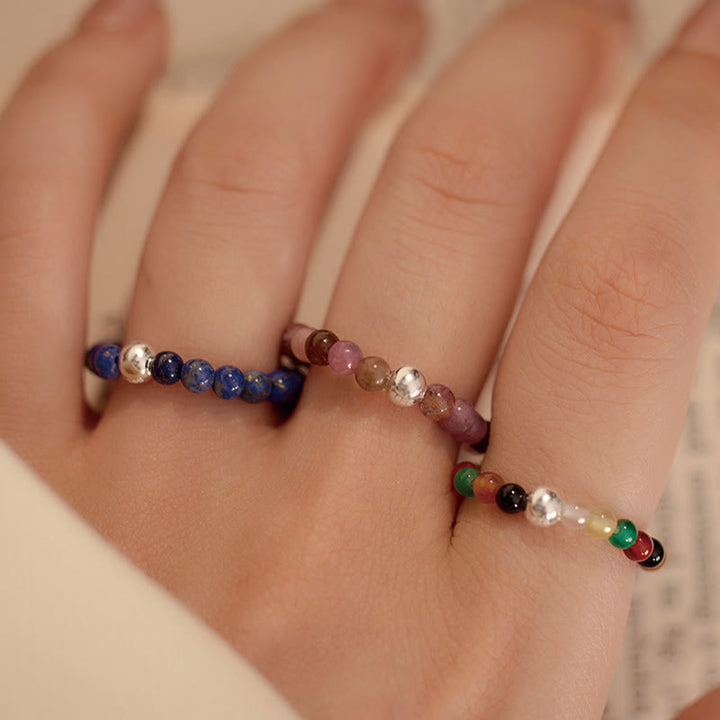 Buddha Stones 925 Sterling Silver Crystal Beads White Jade Black Onyx Blessing Elastic Ring - image 34