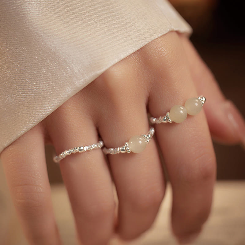 Buddha Stones 925 Sterling Silver Natural Small Hetian Jade Bead Luck Elastic Ring - image 0