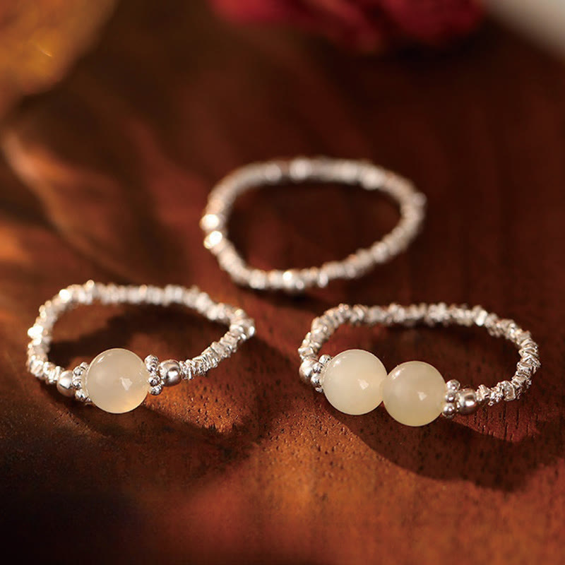 Buddha Stones 925 Sterling Silver Natural Small Hetian Jade Bead Luck Elastic Ring - image 1