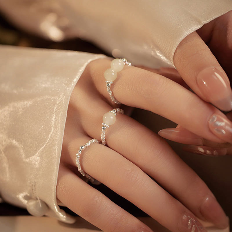 Buddha Stones 925 Sterling Silver Natural Small Hetian Jade Bead Luck Elastic Ring - image 11