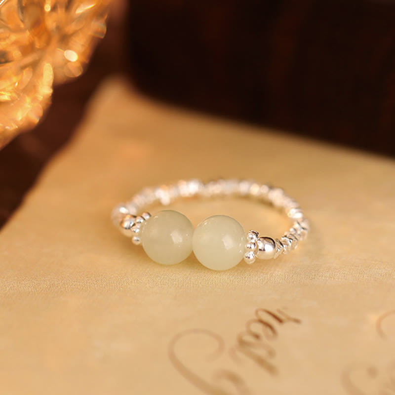 Buddha Stones 925 Sterling Silver Natural Small Hetian Jade Bead Luck Elastic Ring - image 9