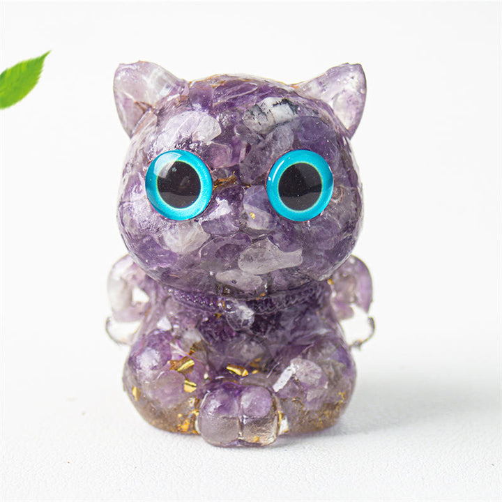 Buddha Stones Cute Cat Lazurite Lapis Lazuli Amethyst Black Obsidian Aquamarine Crystal Resin Positive Home Decoration - Amethyst 5.5*4.5*3.5cm - image 7