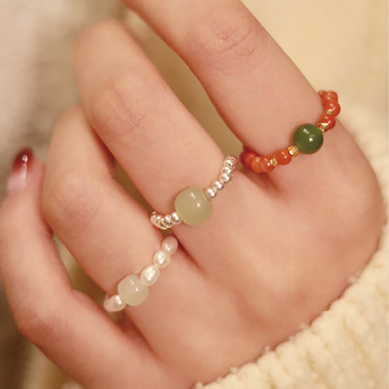 Buddha Stones 925 Sterling Silver Natural Small Hetian Jade Red Agate Pearl Bead Prosperity Elastic Ring - image 12