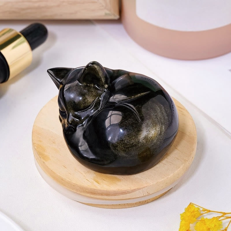 Buddha Stones Natural Gold Sheen Obsidian Sleeping Cat Statue Home Decoration - image 2
