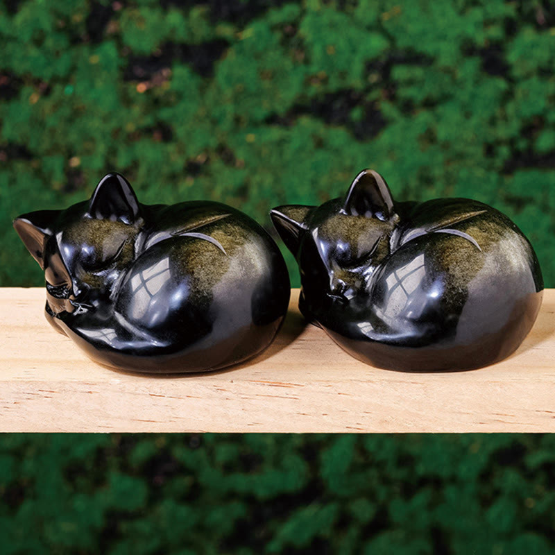 Buddha Stones Natural Gold Sheen Obsidian Sleeping Cat Statue Home Decoration - image 0