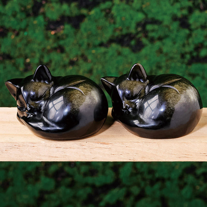 Buddha Stones Natural Gold Sheen Obsidian Sleeping Cat Statue Home Decoration - image 0
