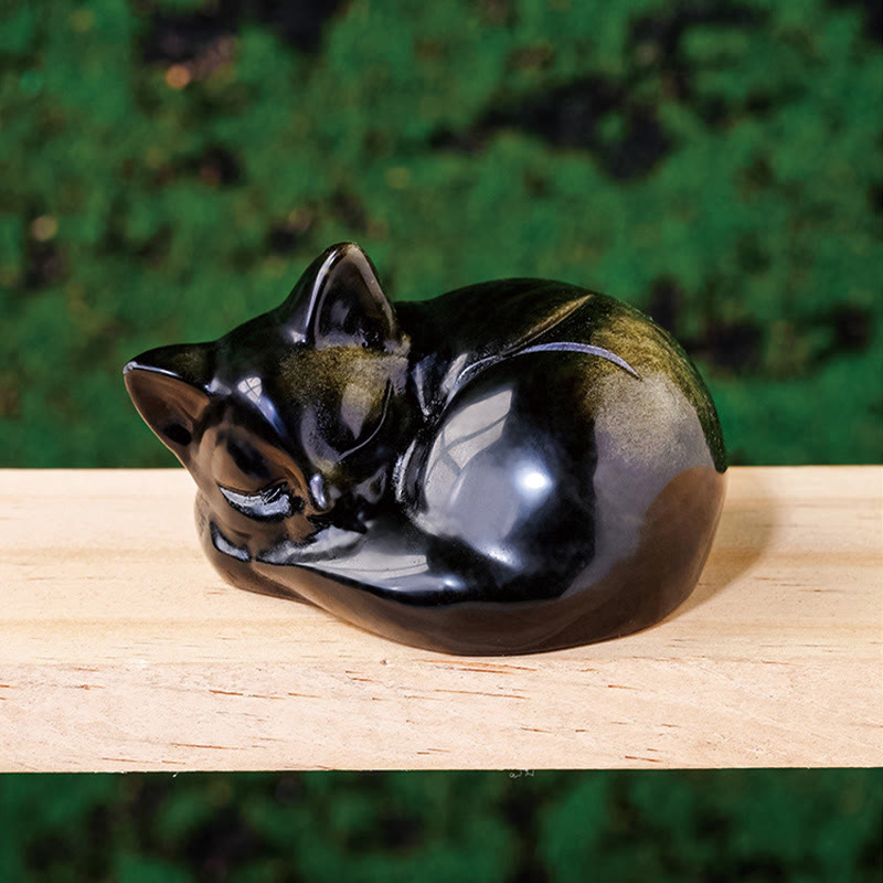 Buddha Stones Natural Gold Sheen Obsidian Sleeping Cat Statue Home Decoration - Gold Sheen Obsidian 6*5cm - image 1