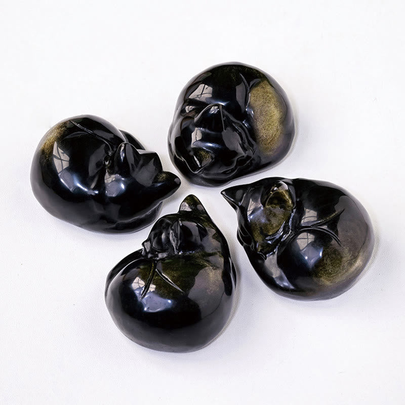 Buddha Stones Natural Gold Sheen Obsidian Sleeping Cat Statue Home Decoration - image 6