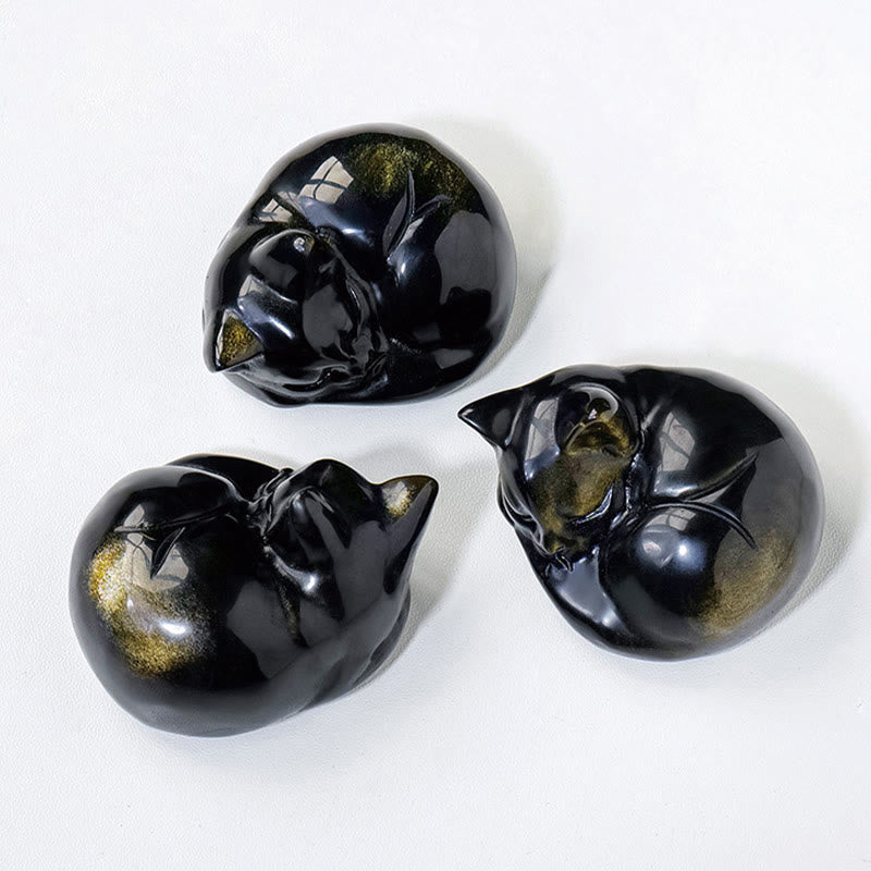 Buddha Stones Natural Gold Sheen Obsidian Sleeping Cat Statue Home Decoration - image 7