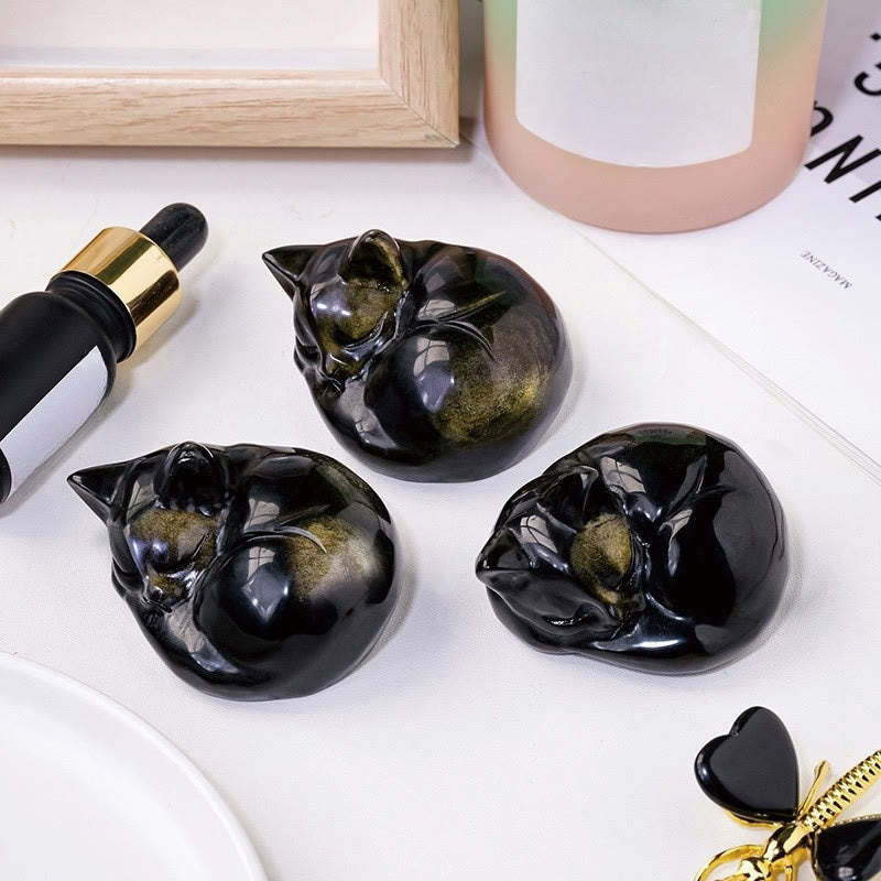 Buddha Stones Natural Gold Sheen Obsidian Sleeping Cat Statue Home Decoration - image 4