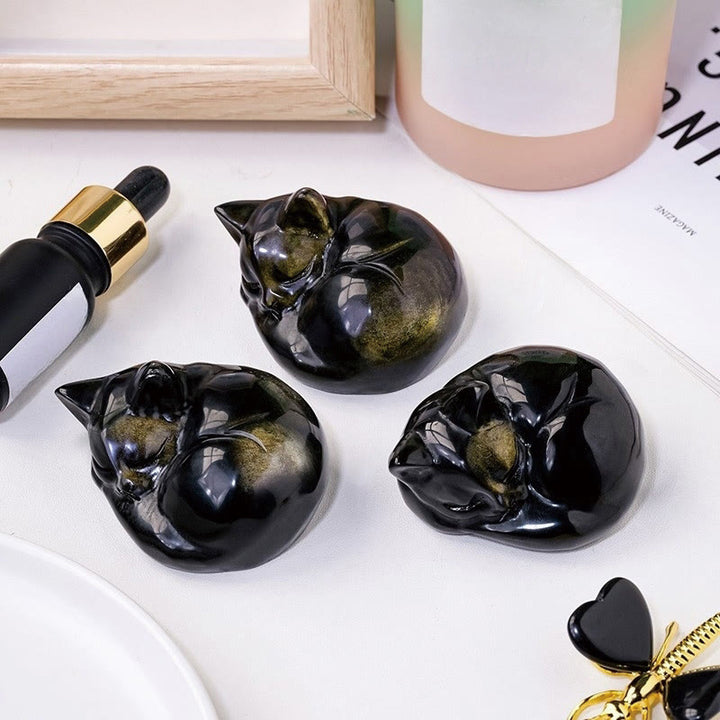 Buddha Stones Natural Gold Sheen Obsidian Sleeping Cat Statue Home Decoration - image 4