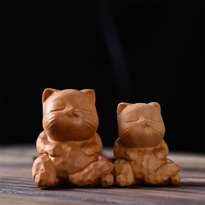 Buddha Stones Mini Cute Sitting Cat Sandalwood Protection Home Decoration - image 0