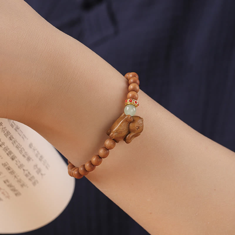 Buddha Stones Green Sandalwood Gold Sandalwood Cute Rabbit Positive Bracelet - image 15