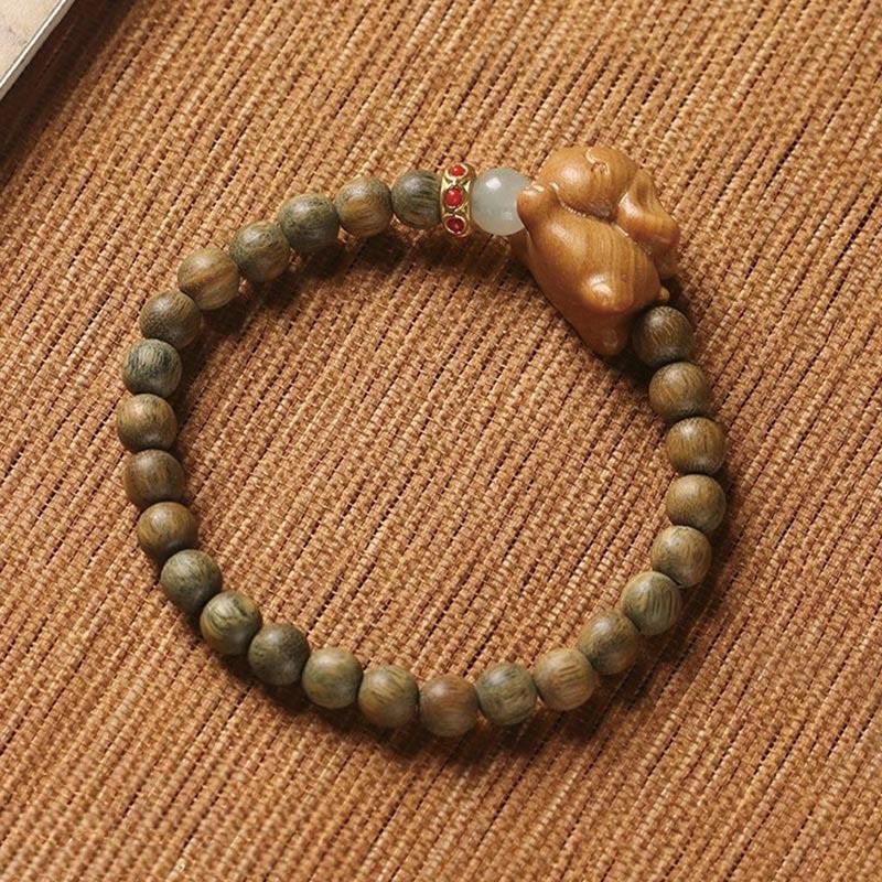 Buddha Stones Green Sandalwood Gold Sandalwood Cute Rabbit Positive Bracelet - image 6