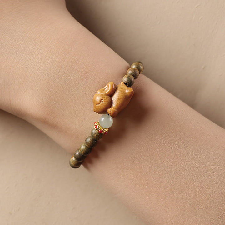 Buddha Stones Green Sandalwood Gold Sandalwood Cute Rabbit Positive Bracelet - image 5