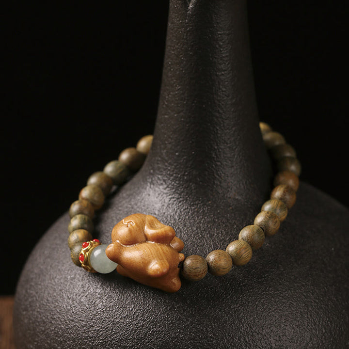Buddha Stones Green Sandalwood Gold Sandalwood Cute Rabbit Positive Bracelet - image 3