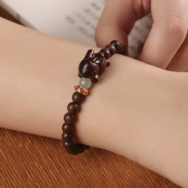 Buddha Stones Green Sandalwood Gold Sandalwood Cute Rabbit Positive Bracelet - image 12