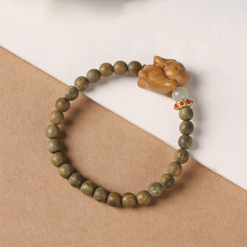 Buddha Stones Green Sandalwood Gold Sandalwood Cute Rabbit Positive Bracelet - image 2