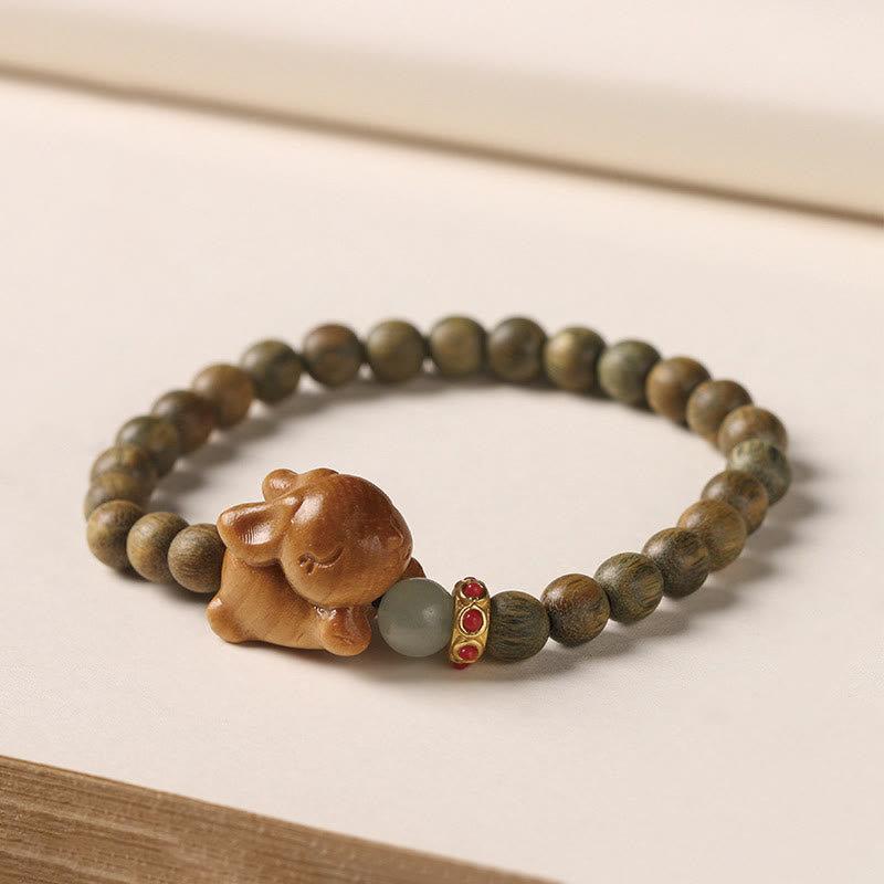 Buddha Stones Green Sandalwood Gold Sandalwood Cute Rabbit Positive Bracelet - 6mm Green Sandalwood(Wrist Circumference 14-15cm) - image 0