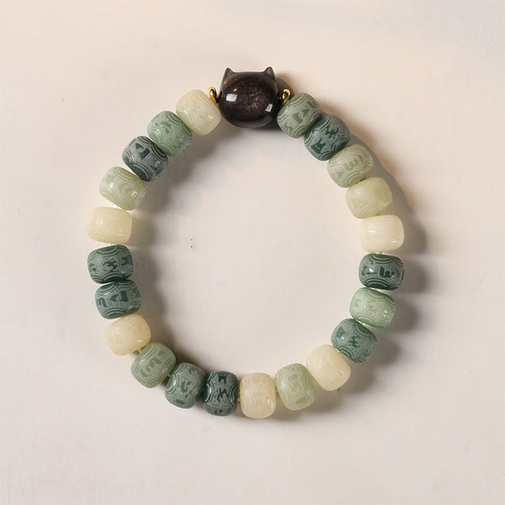 Buddha Stones Bodhi Seed Om Mani Padme Hum Carved Silver Sheen Obsidian Cat Head Wisdom Bracelet - 8*10mm Green Bodhi Seed(Wrist Circumference 14-16cm) - image 9