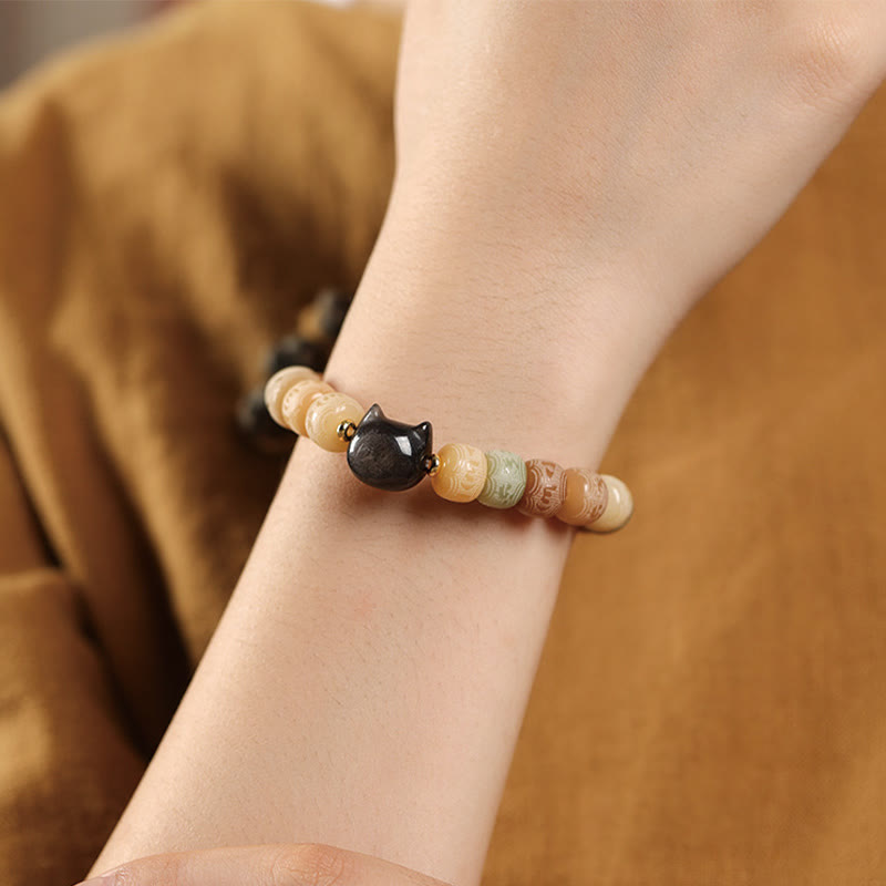 Buddha Stones Bodhi Seed Om Mani Padme Hum Carved Silver Sheen Obsidian Cat Head Wisdom Bracelet - image 4