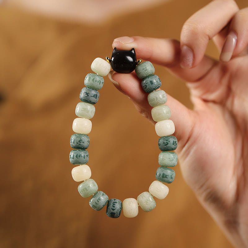 Buddha Stones Bodhi Seed Om Mani Padme Hum Carved Silver Sheen Obsidian Cat Head Wisdom Bracelet - image 11