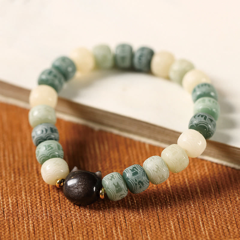 Buddha Stones Bodhi Seed Om Mani Padme Hum Carved Silver Sheen Obsidian Cat Head Wisdom Bracelet - image 10