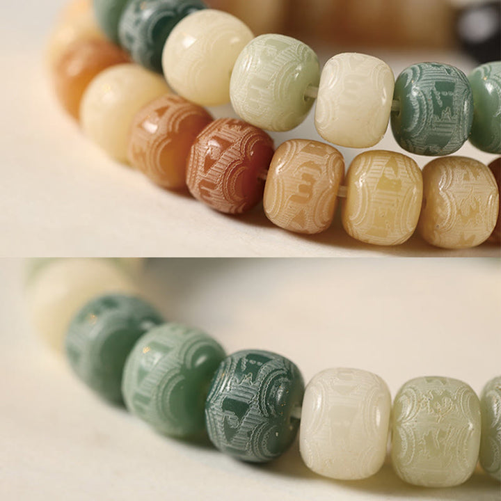 Buddha Stones Bodhi Seed Om Mani Padme Hum Carved Silver Sheen Obsidian Cat Head Wisdom Bracelet - image 14