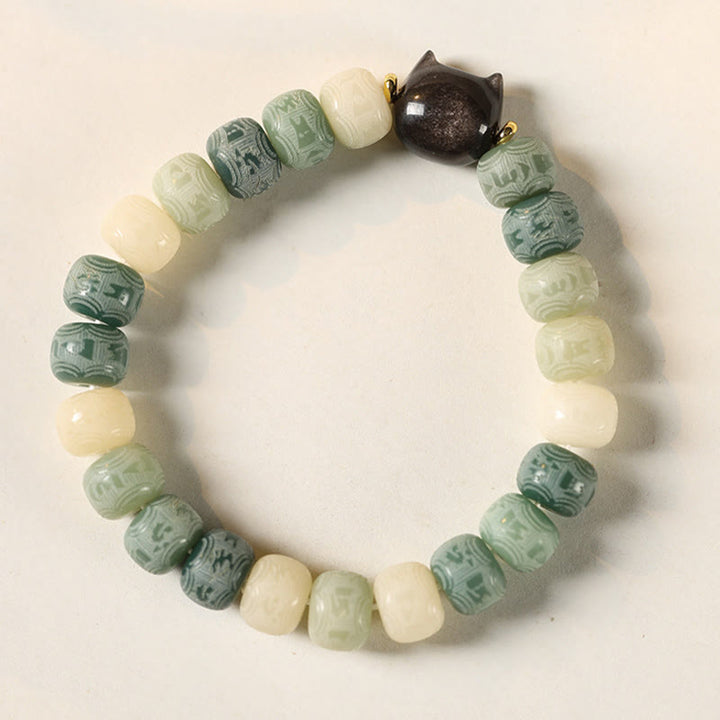 Buddha Stones Bodhi Seed Om Mani Padme Hum Carved Silver Sheen Obsidian Cat Head Wisdom Bracelet - image 12
