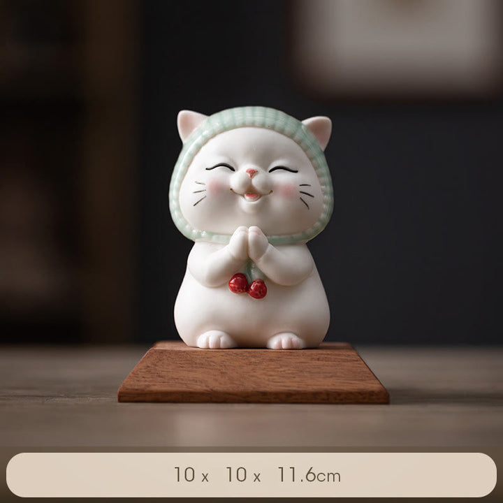 Buddha Stones Lucky Cute Cat In Scarf Ceramic Figurine Decoration - Cat+Wooden Base 10*10*11.6cm - image 12