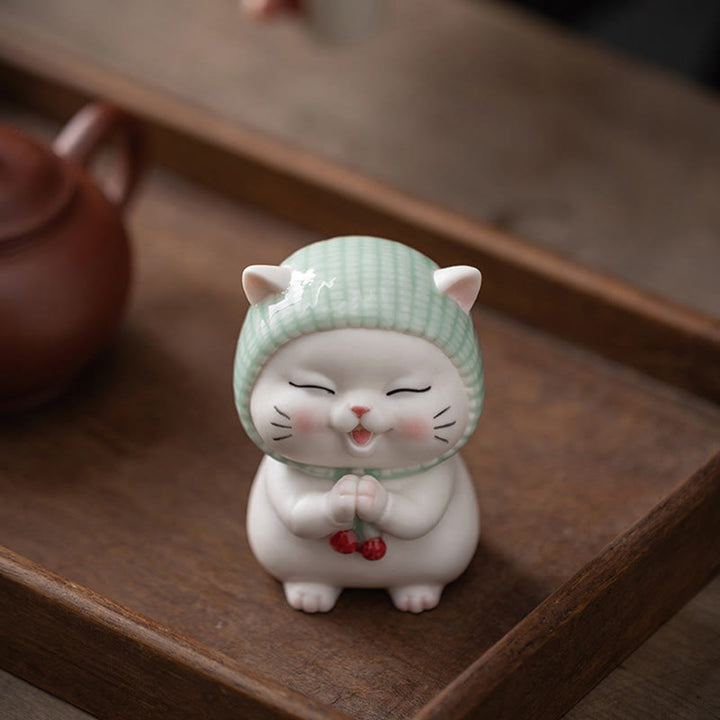 Buddha Stones Lucky Cute Cat In Scarf Ceramic Figurine Decoration - image 1