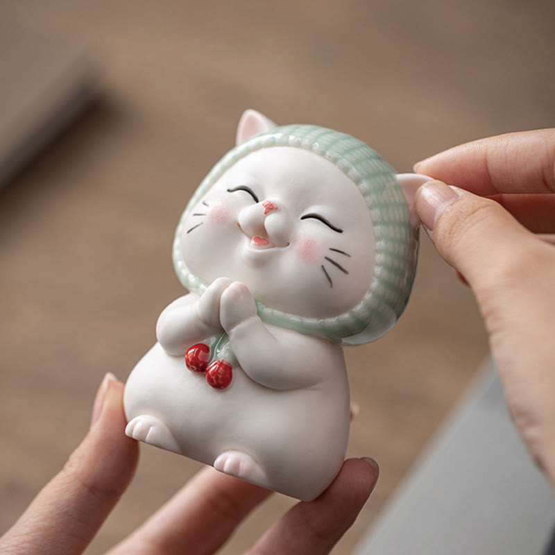 Buddha Stones Lucky Cute Cat In Scarf Ceramic Figurine Decoration - image 4