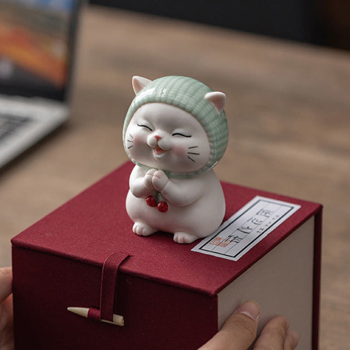 Buddha Stones Lucky Cute Cat In Scarf Ceramic Figurine Decoration - image 20