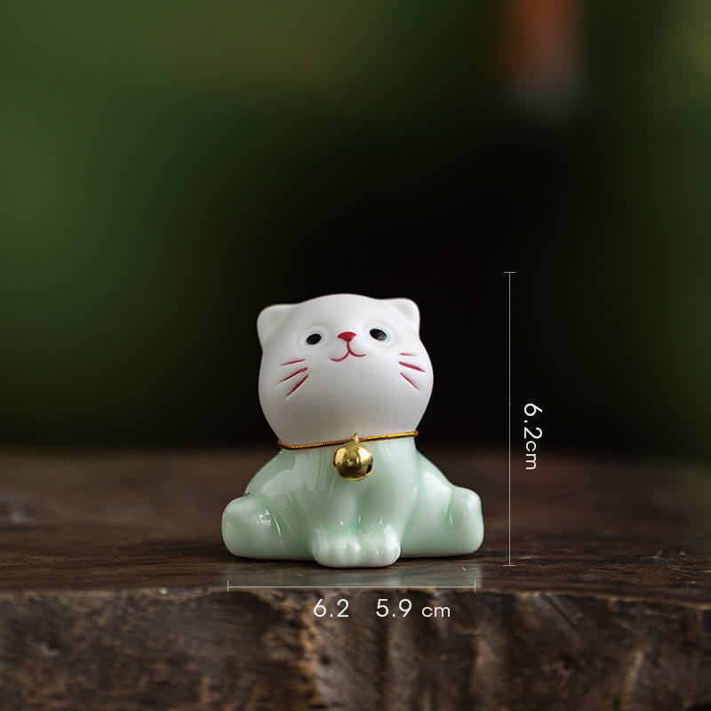 Buddha Stones Mini Lucky Cute Cat Light Green White Ceramic Figurine Decoration - Cat 6.2* 5.9 *6.2cm - image 4