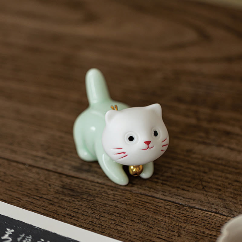 Buddha Stones Mini Lucky Cute Cat Light Green White Ceramic Figurine Decoration - image 15