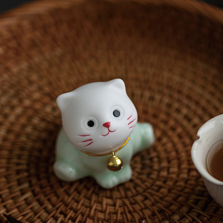 Buddha Stones Mini Lucky Cute Cat Light Green White Ceramic Figurine Decoration - image 9