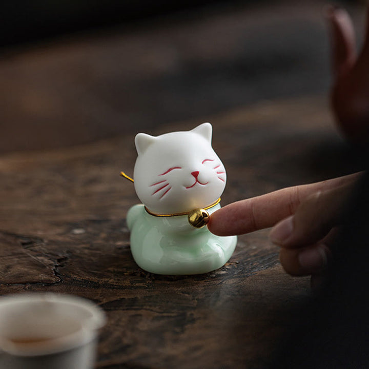 Buddha Stones Mini Lucky Cute Cat Light Green White Ceramic Figurine Decoration - image 17