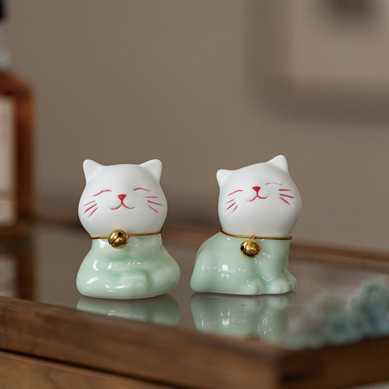 Buddha Stones Mini Lucky Cute Cat Light Green White Ceramic Figurine Decoration - image 19