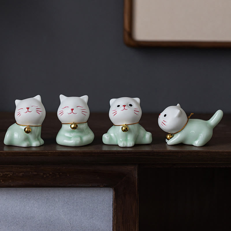 Buddha Stones Mini Lucky Cute Cat Light Green White Ceramic Figurine Decoration - image 1