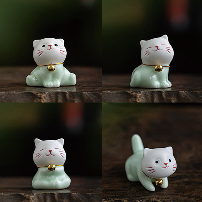 Buddha Stones Mini Lucky Cute Cat Light Green White Ceramic Figurine Decoration - image 21