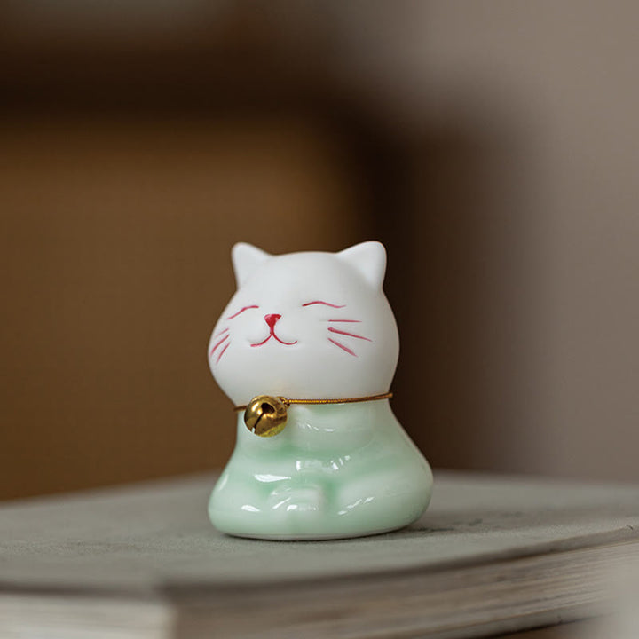 Buddha Stones Mini Lucky Cute Cat Light Green White Ceramic Figurine Decoration - image 18