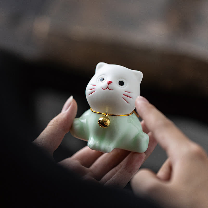 Buddha Stones Mini Lucky Cute Cat Light Green White Ceramic Figurine Decoration - image 8