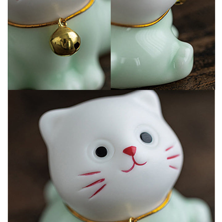 Buddha Stones Mini Lucky Cute Cat Light Green White Ceramic Figurine Decoration - image 11