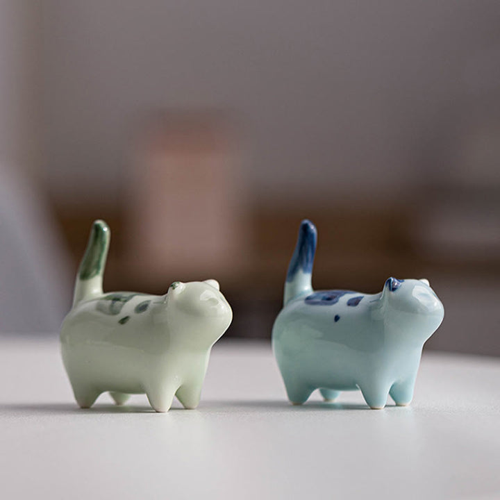 Buddha Stones Mini Lucky Cute Spotted Standing Cat Sleeping Kitten Ceramic Figurine Decoration - image 15
